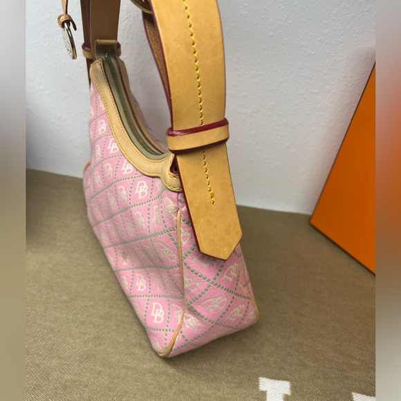 Dooney & Bourke Pink Monogram Canvas Handbag, Brown Leather Strap - Picture 3 of 7